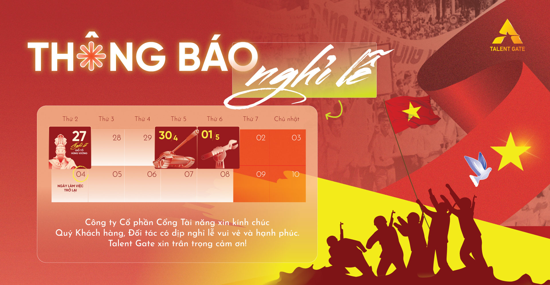THÔNG BÁO NGHỈ LỄ GIỖ TỔ HÙNG VƯƠNG – NGÀY GIẢI PHÓNG MIỀN NAM VÀ QUỐC TẾ LAO ĐỘNG 2026